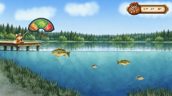 FishyFox reels in a fish while the line tension meter shows how hard it is fighting.