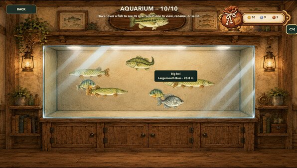 A wooden aquarium filled with collected fish, with a named largemouth bass selected.